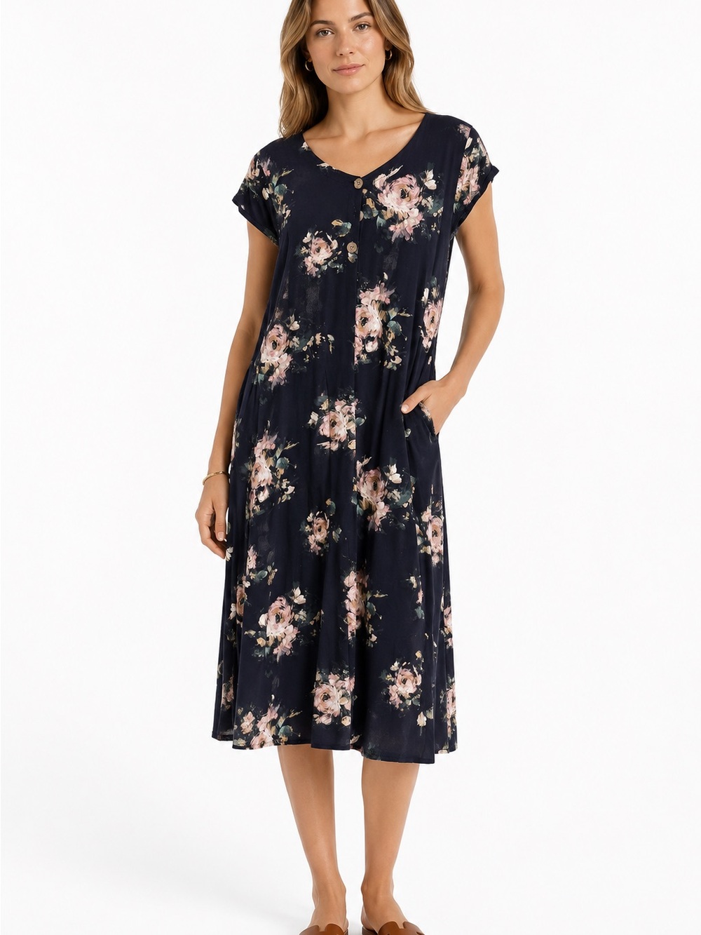 Floral Scoop Neck Midi Dress - Black with Pink Floral